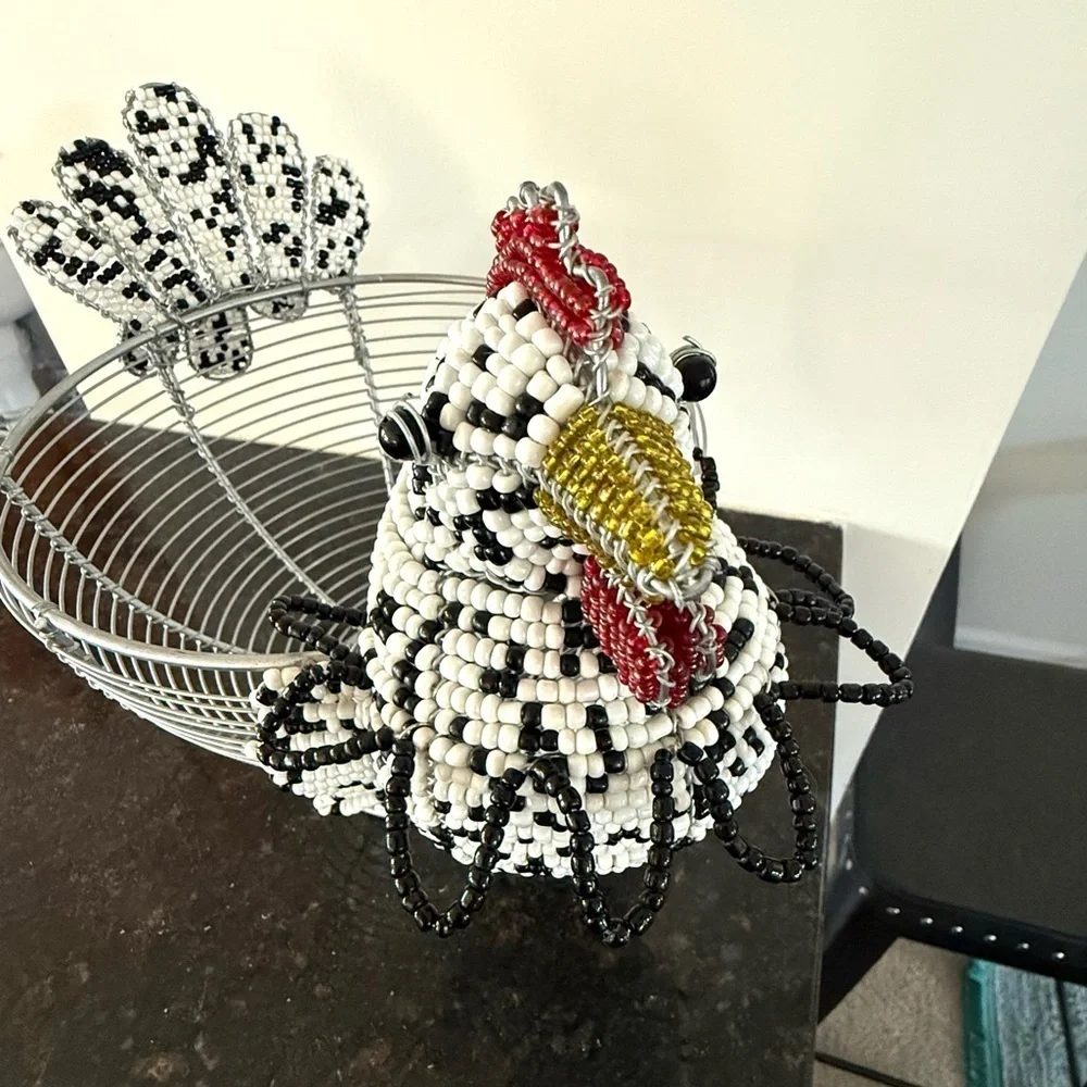 Wire Basket with Beaded Chicken Design Egg Holder